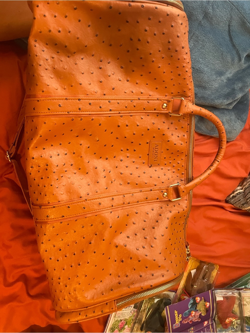 Orange Faux-Ostrich Travel Weekender Bag
